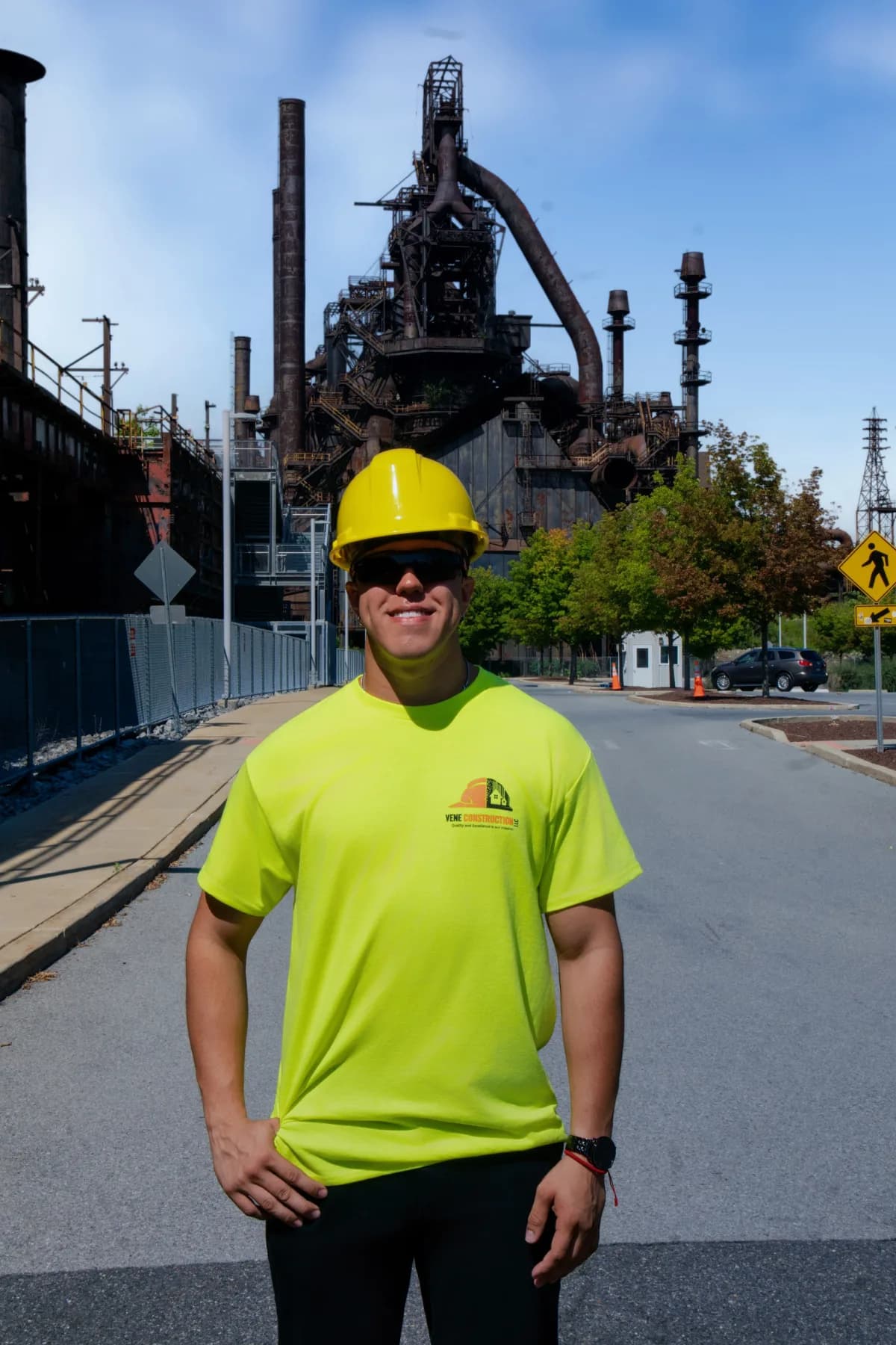 A Vene Construction owner in a hard hat at the Bethlehem Steel plant
