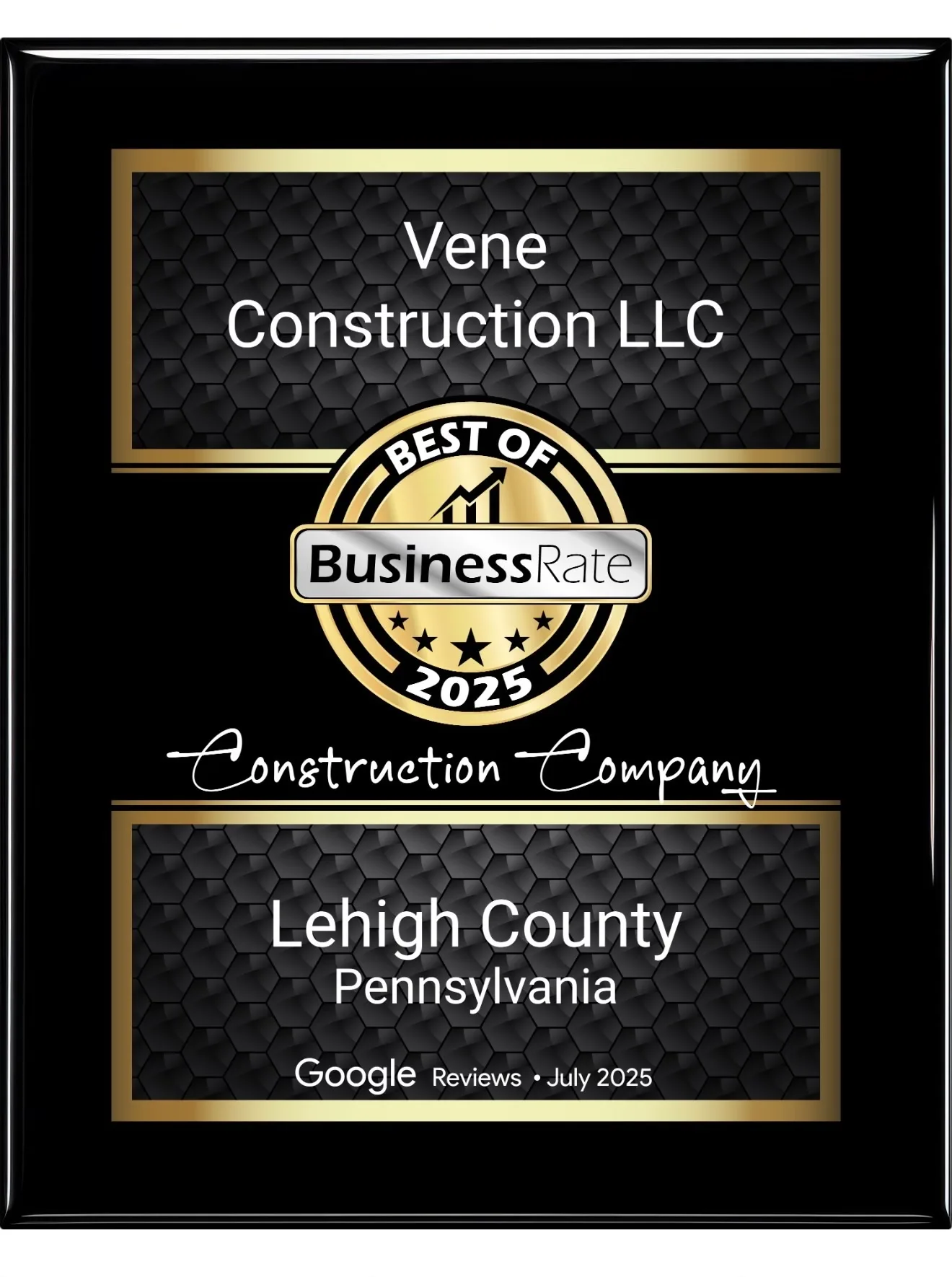 BusinessRate Best of 2025 construction company award for Vene Construction in Lehigh County