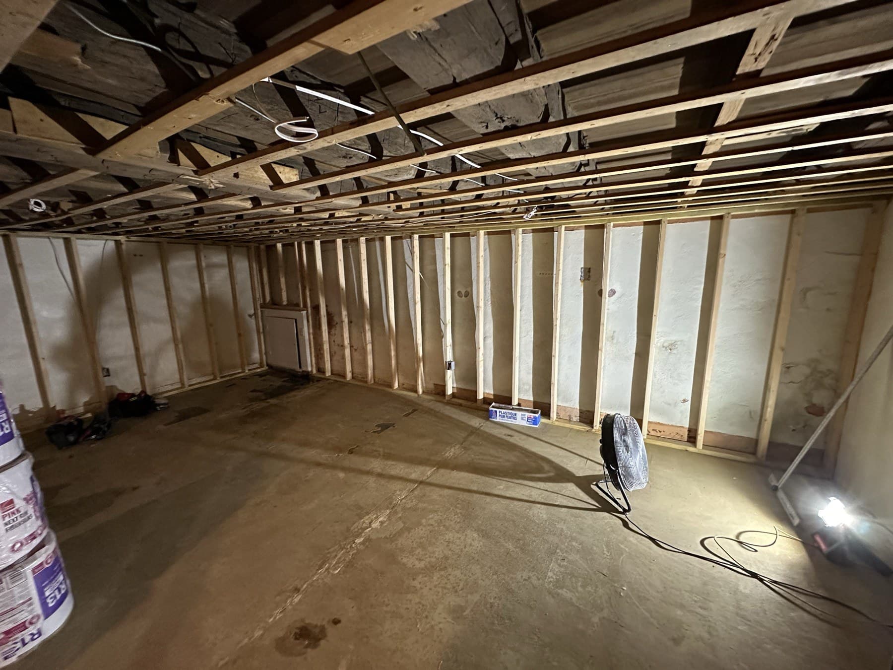Basement wall framing during a Slatington house renovation