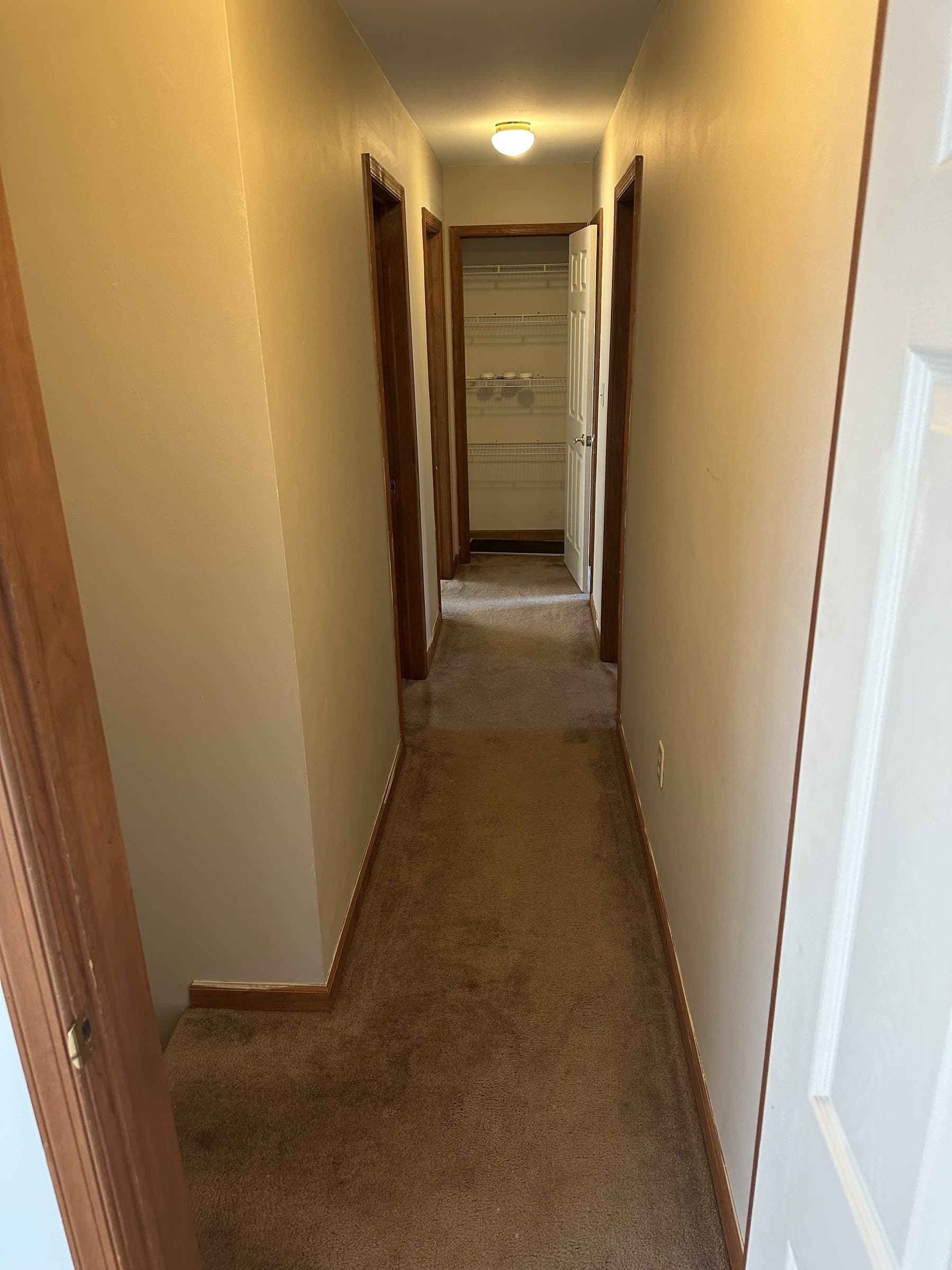 Before photo of hallway with carpet and wood trim before renovation in Allentown PA