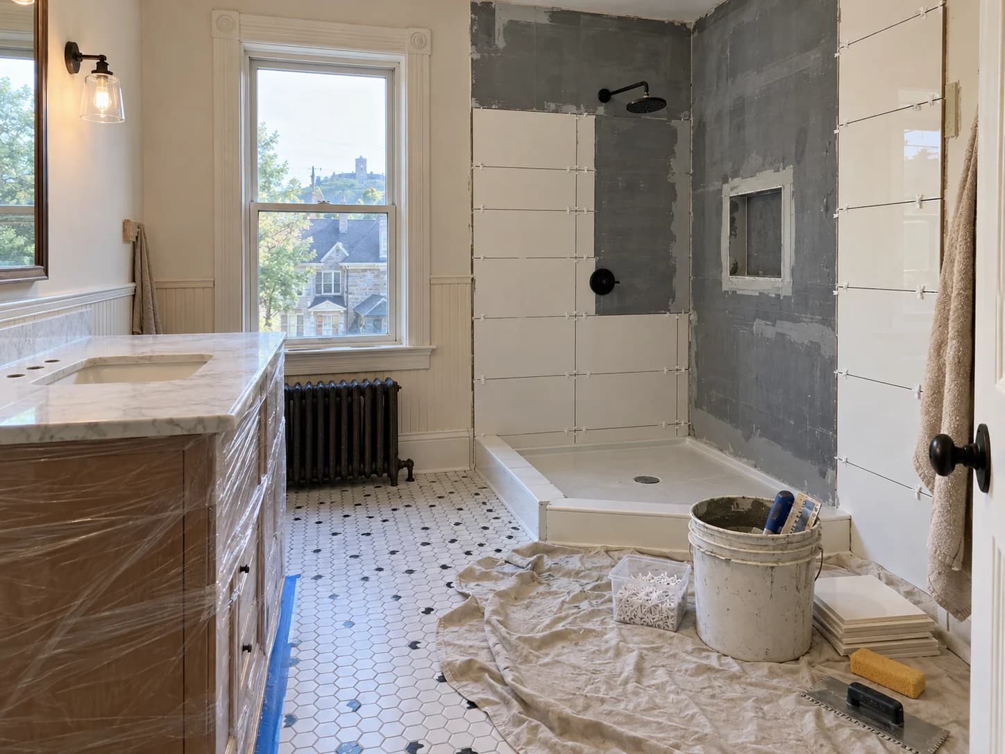 Bathroom remodel in progress in Allentown, PA by Vene Construction