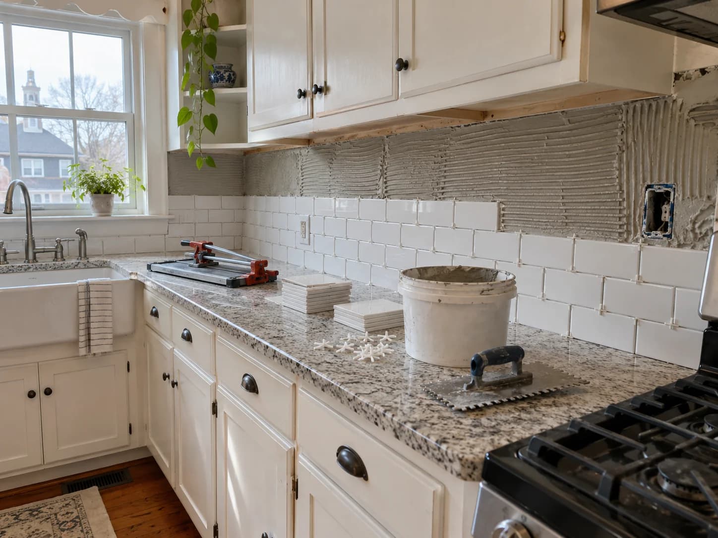 Tile installation in progress in Allentown, PA by Vene Construction