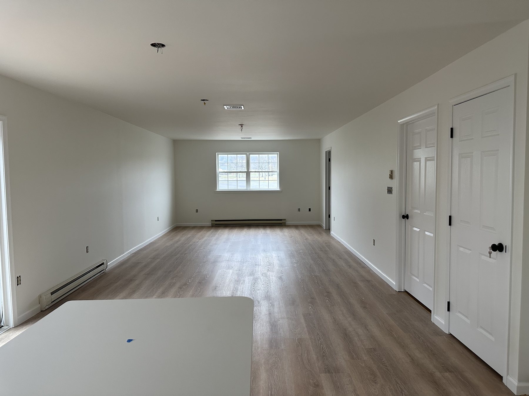 Finished open room with white trim and wood look flooring in Southside Allentown